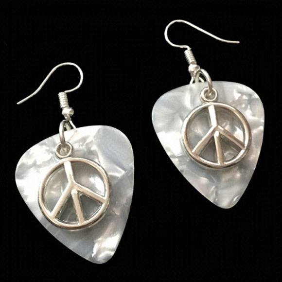 HAND Crafted Drop Earrings Repurposed Guitar Picks Peace Symbols Silver Plate - Picture 1 of 7